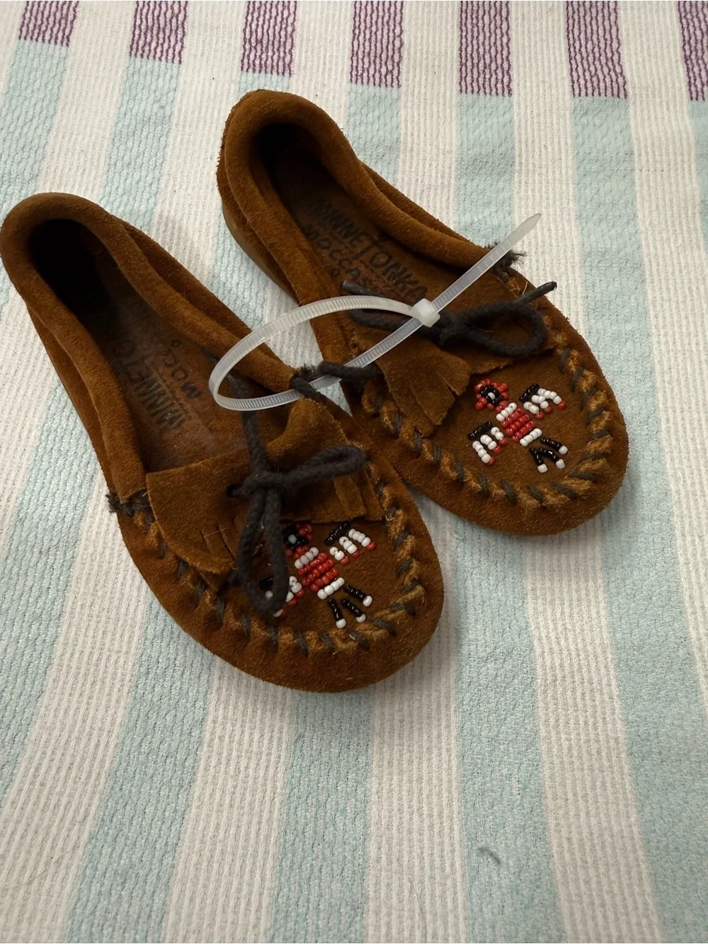 Minnetonka Brown Kids Moccasins with Bead Detail